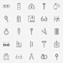 Beauty line icon set with razor, perfume and lipstick