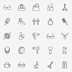 Beauty line icon set with lady bag, hand mirror and lipstick