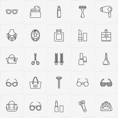 Beauty line icon set with lady bag, hair dryer and razor