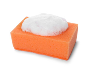 Cleaning sponge with foam for dish washing on white background