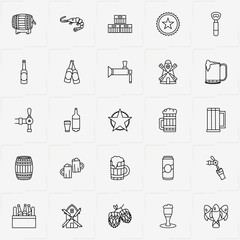 Beer line icon set with star logo , mill and beer bottle