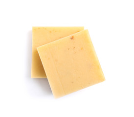 Hand made soap bars on white background, top view