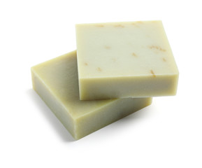 Hand made soap bars on white background