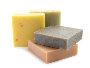 Hand made soap bars on white background