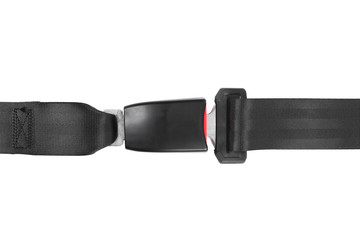 Naklejka premium Fastened car safety seat belt on white background, top view