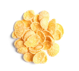 Crispy cornflakes on white background, top view. Healthy breakfast