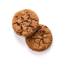 Chocolate chip cookie on white background.top view