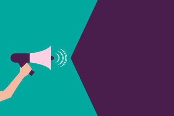 Flat design business Vector Illustration concept copy text for esp Web banners promotional material mock up template. Human Hand Holding Megaphone with Sound Volume Effect icon Text Space