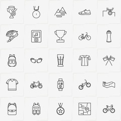 Bicycle Sport line icon set with medal, sport water bottle and sneaker