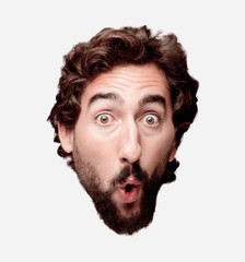 young crazy bearded man cutout head expression isolated.. surprised concept
