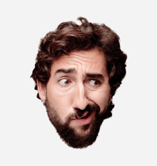 young crazy bearded man cutout head expression isolated.. thinking concept