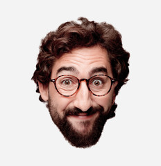 young crazy bearded man cutout head expression isolated. hipster role with view glasses. happy pose