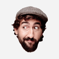 young crazy bearded man cutout head expression isolated. wearing a beret. thinking concept