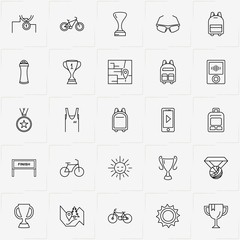 Bicycle Sport line icon set with finish sign, sport shirt and trophy