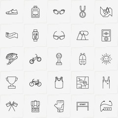 Bicycle Sport line icon set with electronic watch, bicycle glove and mountain