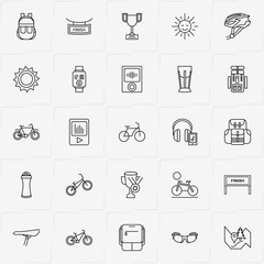 Bicycle Sport line icon set with sport water bottle, electronic watch and bicycle