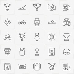 Bicycle Sport line icon set with map location , springboard and backpack