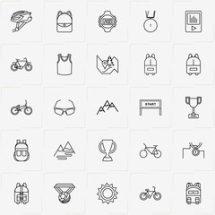 Bicycle Sport line icon set with trophy, bicycle helmet and start sign