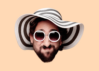 young crazy bearded man cutout head expression isolated. with hut and sun glasses. joking concept