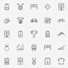 Bicycle Sport line icon set with bicycle, music player and trophy