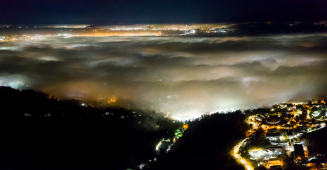 Aerial View of Fog Drifting in San Francisco Bay Area at Night