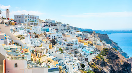 Panoramic view of the town of Fira in Santorini, Greece(Day)