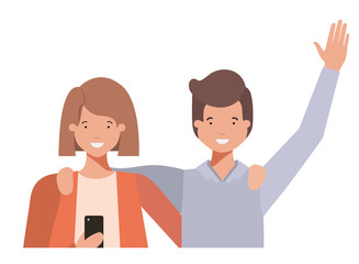 Fototapeta premium couple with hands up and smartphone avatar character