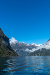 Fototapeta na wymiar Portrait orientation of water and mountains in Milford Sound, Fiordland