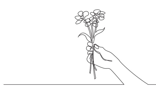 continuous line drawing of hand holding flower bouqet
