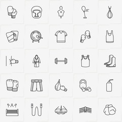 Boxing line icon set with boxing helmet, sport shirt and boxing paw