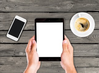 Young man hands holding digital tablet