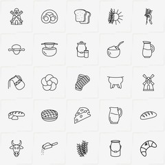 Bread & Milk line icon set with milk can , spica and mill