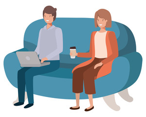 Obraz premium young couple using laptop in the sofa avatar character