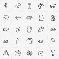 Bread & Milk line icon set with child milk bottle , spica and cow