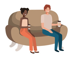 couple in sofa drinking coffee avatar character