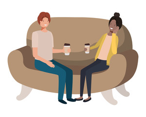 couple in sofa drinking coffee avatar character