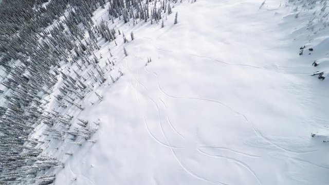 Overhead aerial, frigid winter landscape in British Columbia
