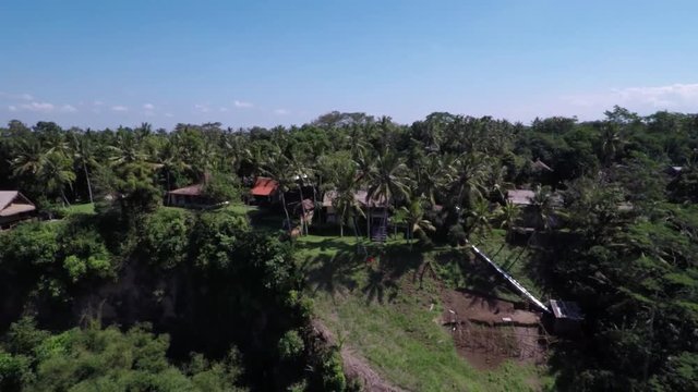 Aerial, person swings in tropical resort