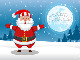 Merry Christmas and happy new year. Cartoon Santa Claus standing in the snow with on the moon background. Vector Illustration.