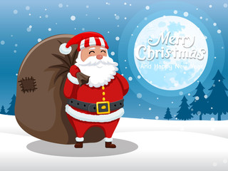 Merry Christmas and happy new year. Cartoon Santa Claus standing in the snow with on the moon background. Vector Illustration.
