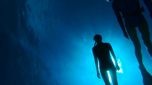 Two divers in tropical ocean, slow motion