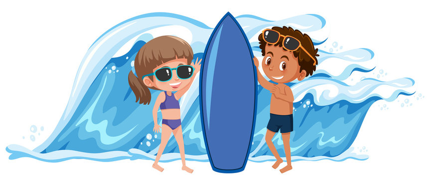 Boy and girl holding the surfboard