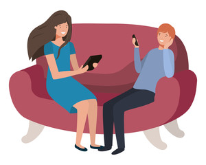 couple using smartphone in the sofa avatar character 