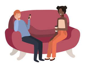 couple using smartphone in the sofa avatar character 