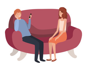 couple using smartphone in the sofa avatar character 