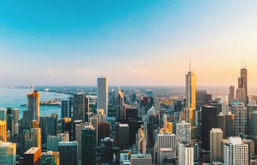 Chicago cityscape skyline toward sunset aerial view