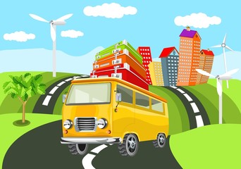  Yellow retro style Mini bus on the road, travel concept illustration