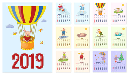 Calendar 2019 pig year with set of illustrated pages 12-month