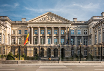 Brussels, Belgium - September 26, 2018: Facade of Belgian Parliament in romanesque style with...