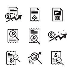 Business analysis icon. symbol with magnifying glass. dollar increase revenue. Money with arrow. finance cost. decrease rate economy stretching. lost crisis. reduction bankrupt. vector illustration